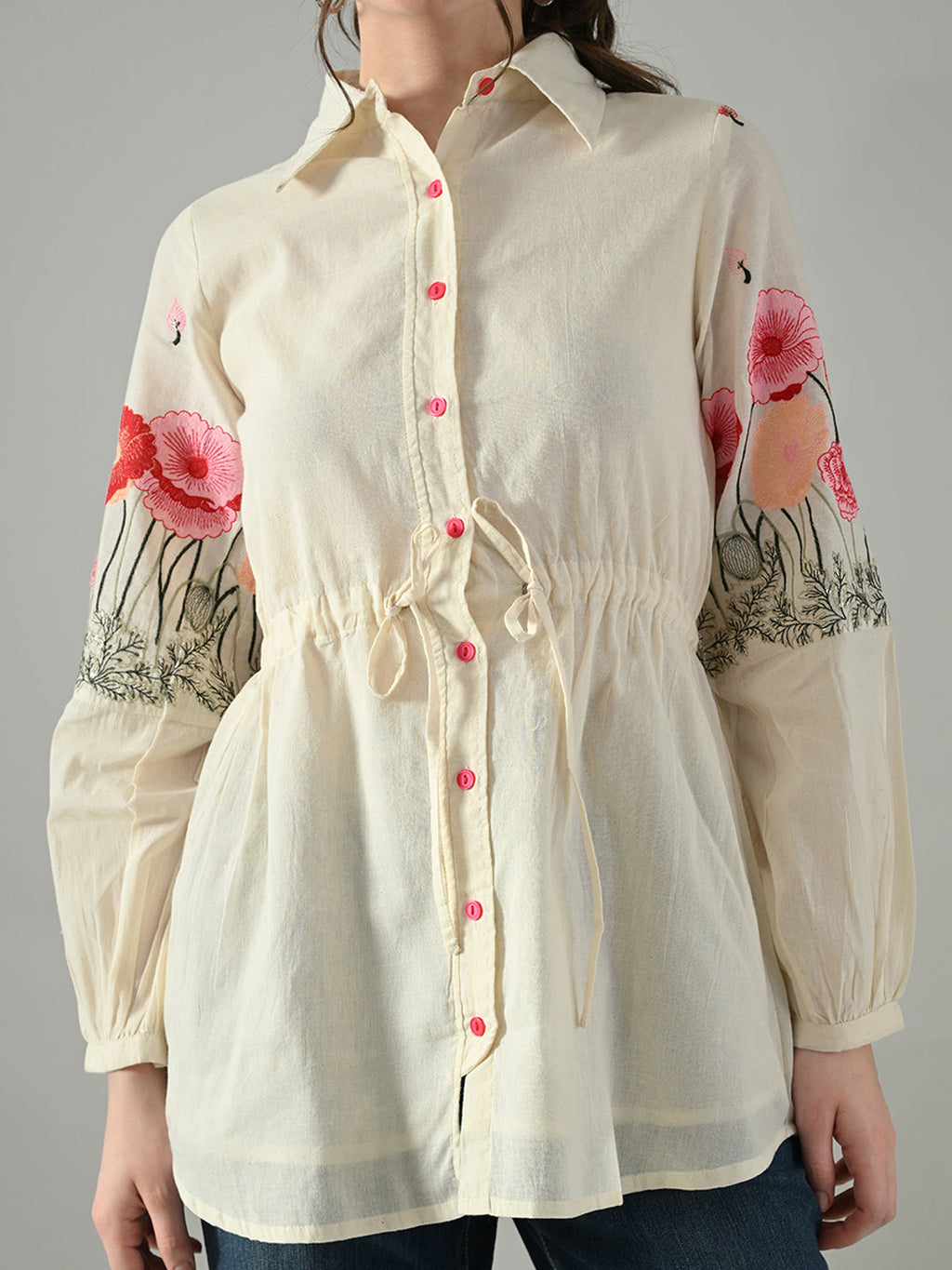 Myshka Women Off White Multicolor Thread Embroidered Shirt - Distacart