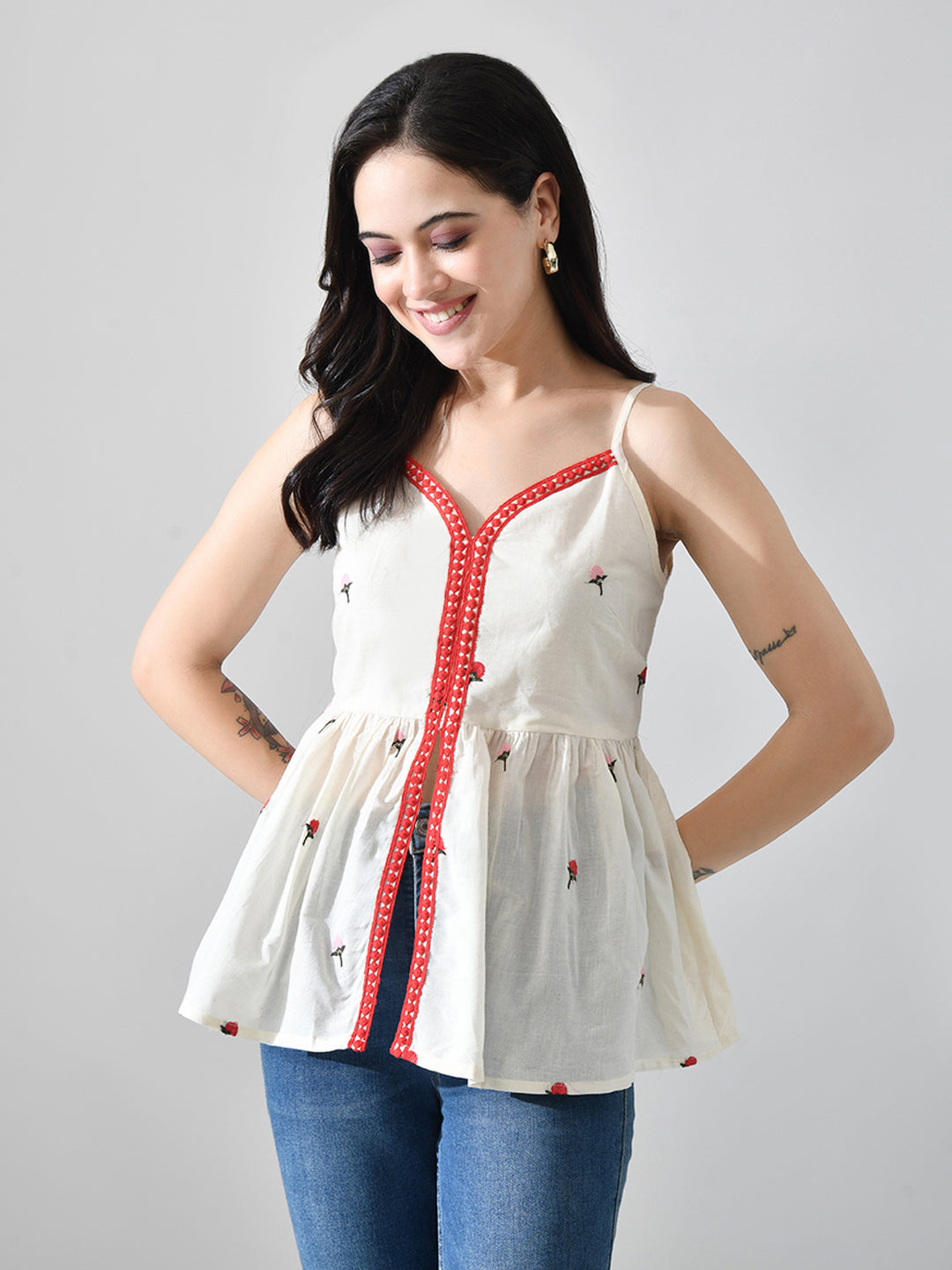 Myshka Women Off White Multicolor Thread Embroidered Strap Top - Distacart