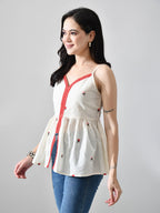 Myshka Women Off White Multicolor Thread Embroidered Strap Top - Distacart
