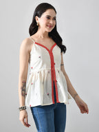 Myshka Women Off White Multicolor Thread Embroidered Strap Top - Distacart