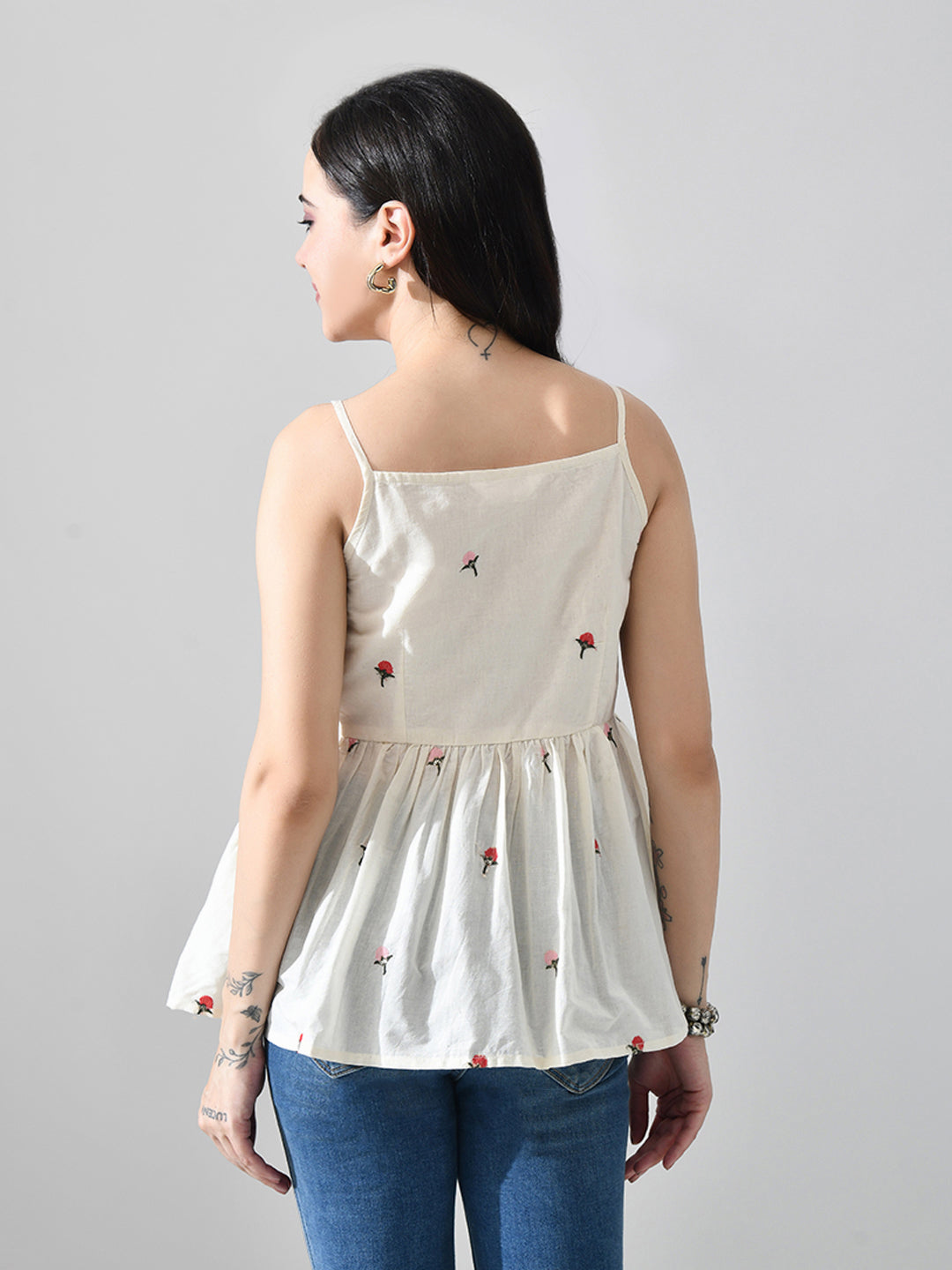 Myshka Women Off White Multicolor Thread Embroidered Strap Top - Distacart