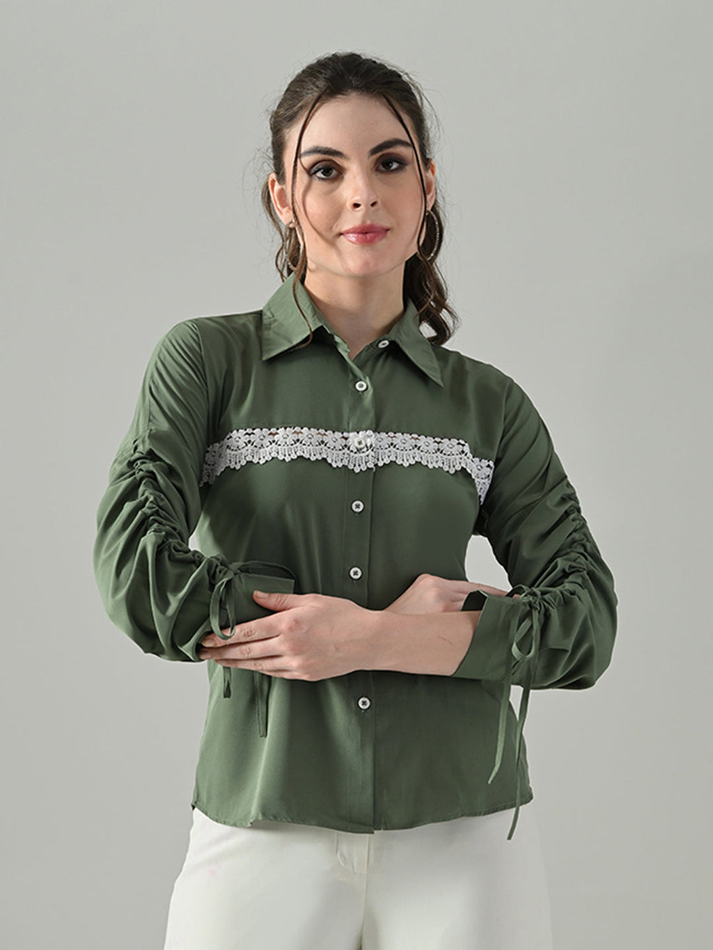 Myshka Women Green Lace Embellished Shirt - Distacart