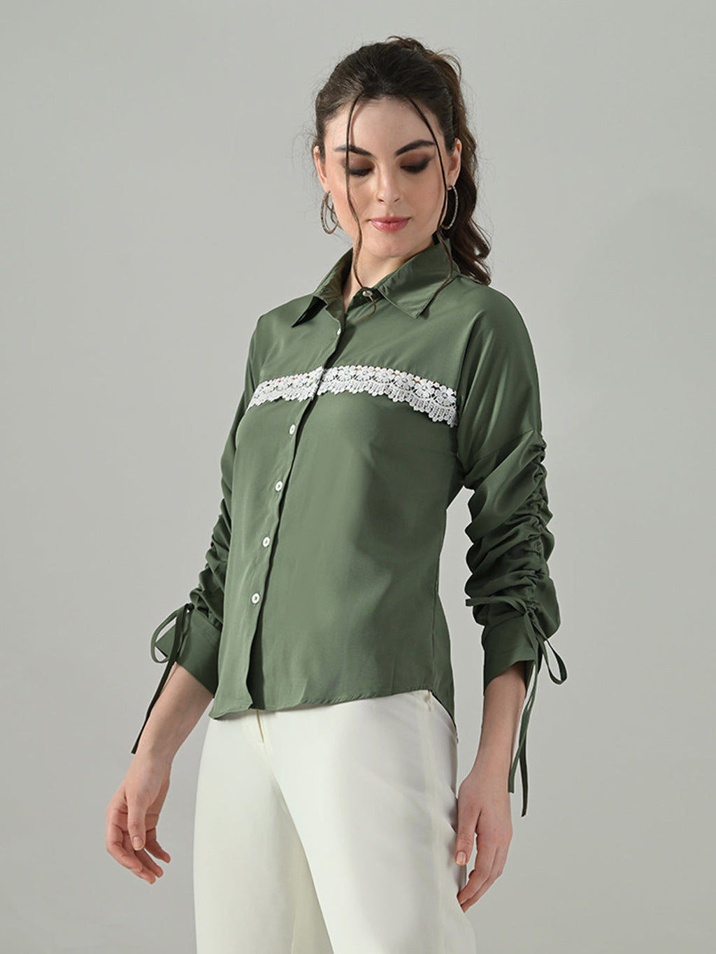 Myshka Women Green Lace Embellished Shirt - Distacart