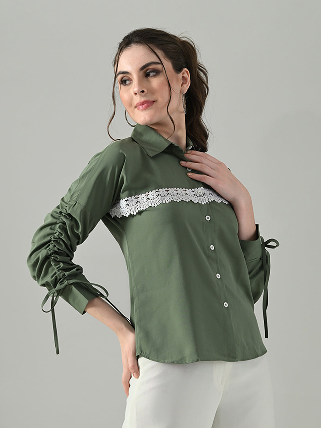 Myshka Women Green Lace Embellished Shirt - Distacart