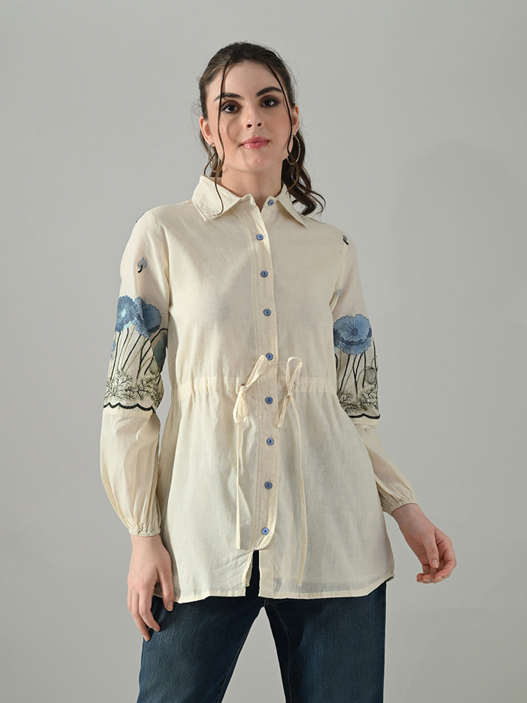 Myshka Women Off White Multicolor Thread Embroidered Shirt - Distacart