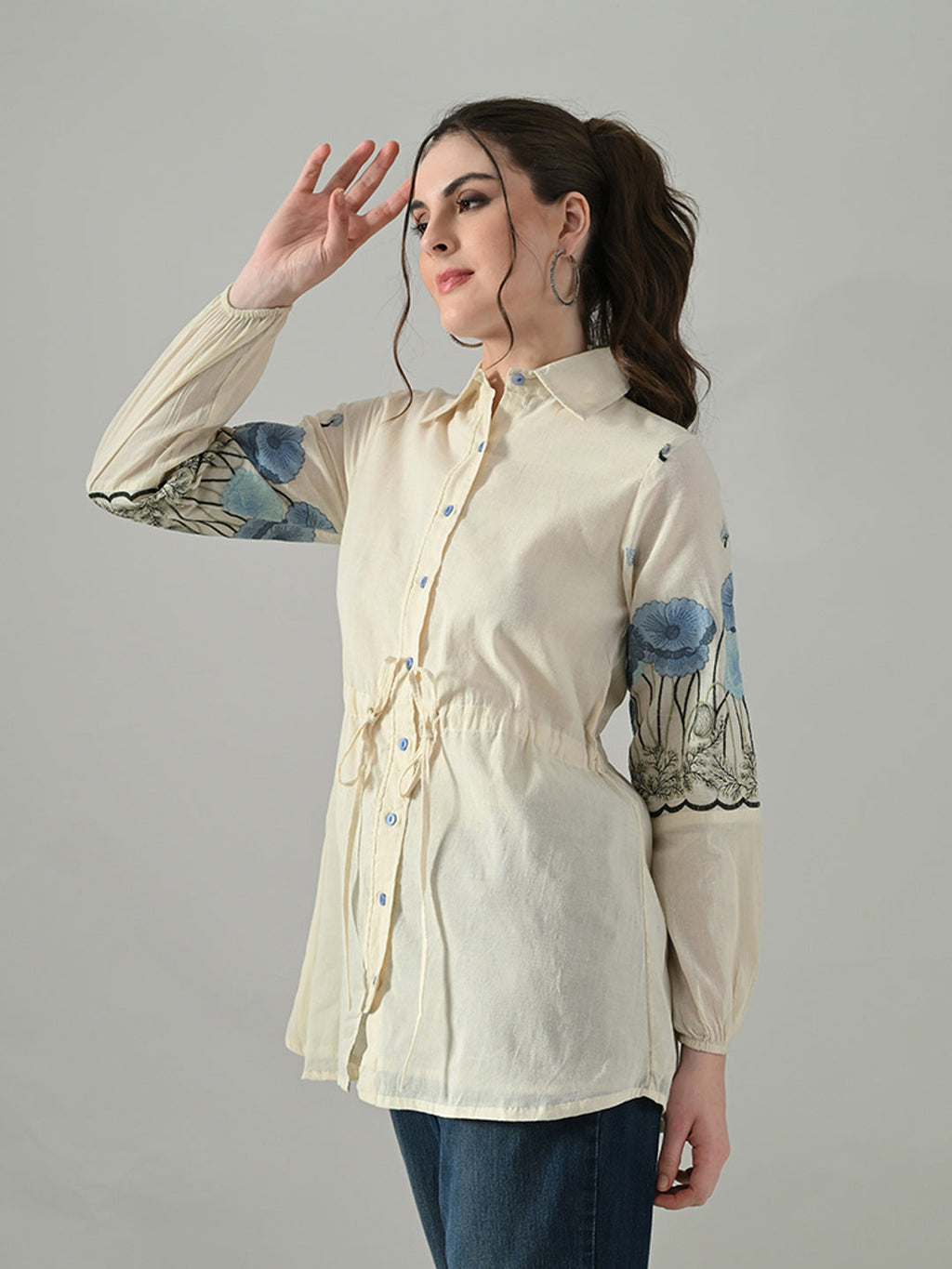 Myshka Women Off White Multicolor Thread Embroidered Shirt - Distacart
