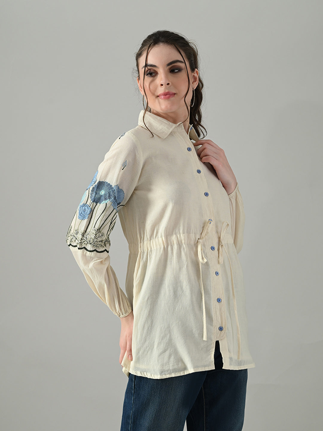 Myshka Women Off White Multicolor Thread Embroidered Shirt - Distacart