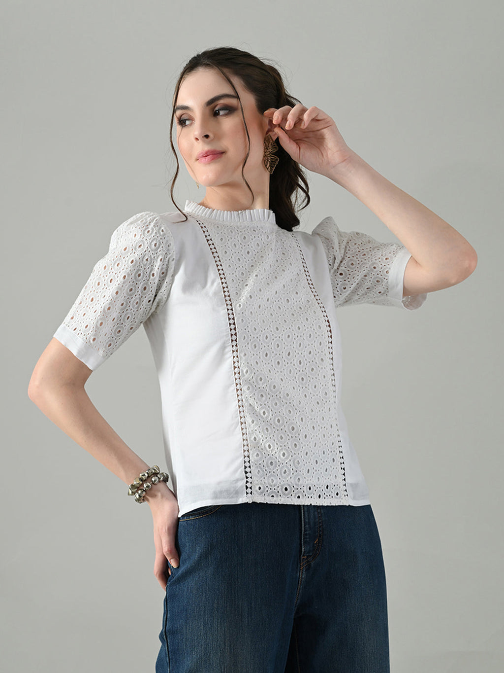 Myshka Women White Puff Sleeves Top With Schiffli Work