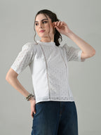 Myshka Women White Puff Sleeves Top With Schiffli Work