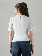 Myshka Women White Puff Sleeves Top With Schiffli Work