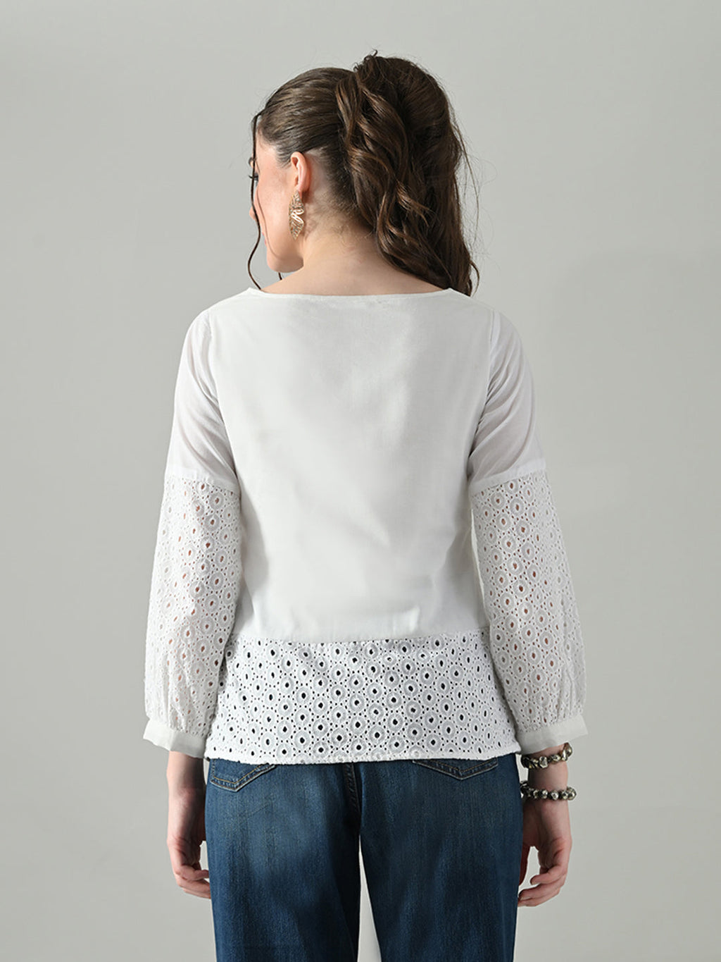 Myshka Women White Full Sleeve Top With Schiffli Work