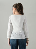 Myshka Women White Full Sleeve Top With Schiffli Work