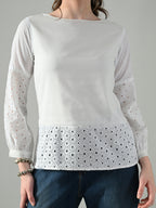 Myshka Women White Full Sleeve Top With Schiffli Work