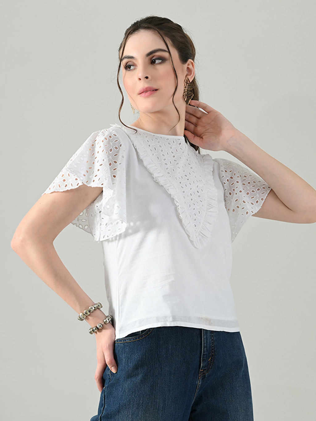 Myshka Women White Top With Schiffli Work Butterfly Sleeves