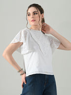 Myshka Women White Top With Schiffli Work Butterfly Sleeves