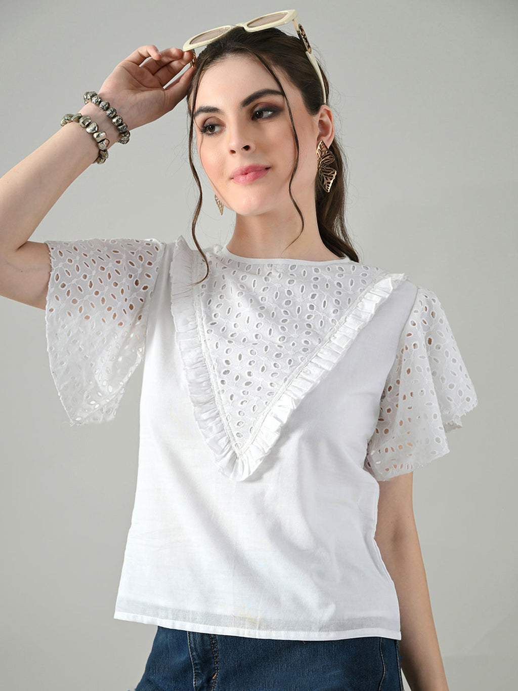 Myshka Women White Top With Schiffli Work Butterfly Sleeves