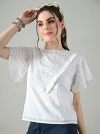 Myshka Women White Top With Schiffli Work Butterfly Sleeves