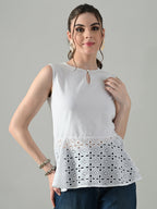 Myshka Women White Sleeveless Peplum Top Schiffli Work