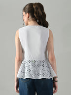 Myshka Women White Sleeveless Peplum Top Schiffli Work