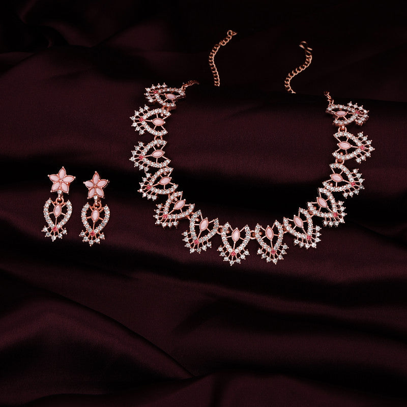 Tehzeeb Creations Baby Pink Colour Sparkle Stone Studded Necklace With Earrings
