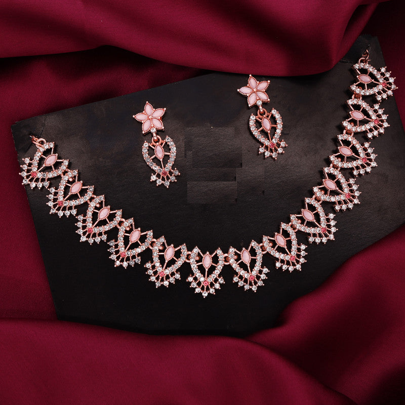Tehzeeb Creations Baby Pink Colour Sparkle Stone Studded Necklace With Earrings