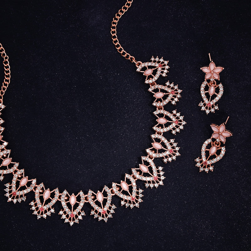 Tehzeeb Creations Baby Pink Colour Sparkle Stone Studded Necklace With Earrings