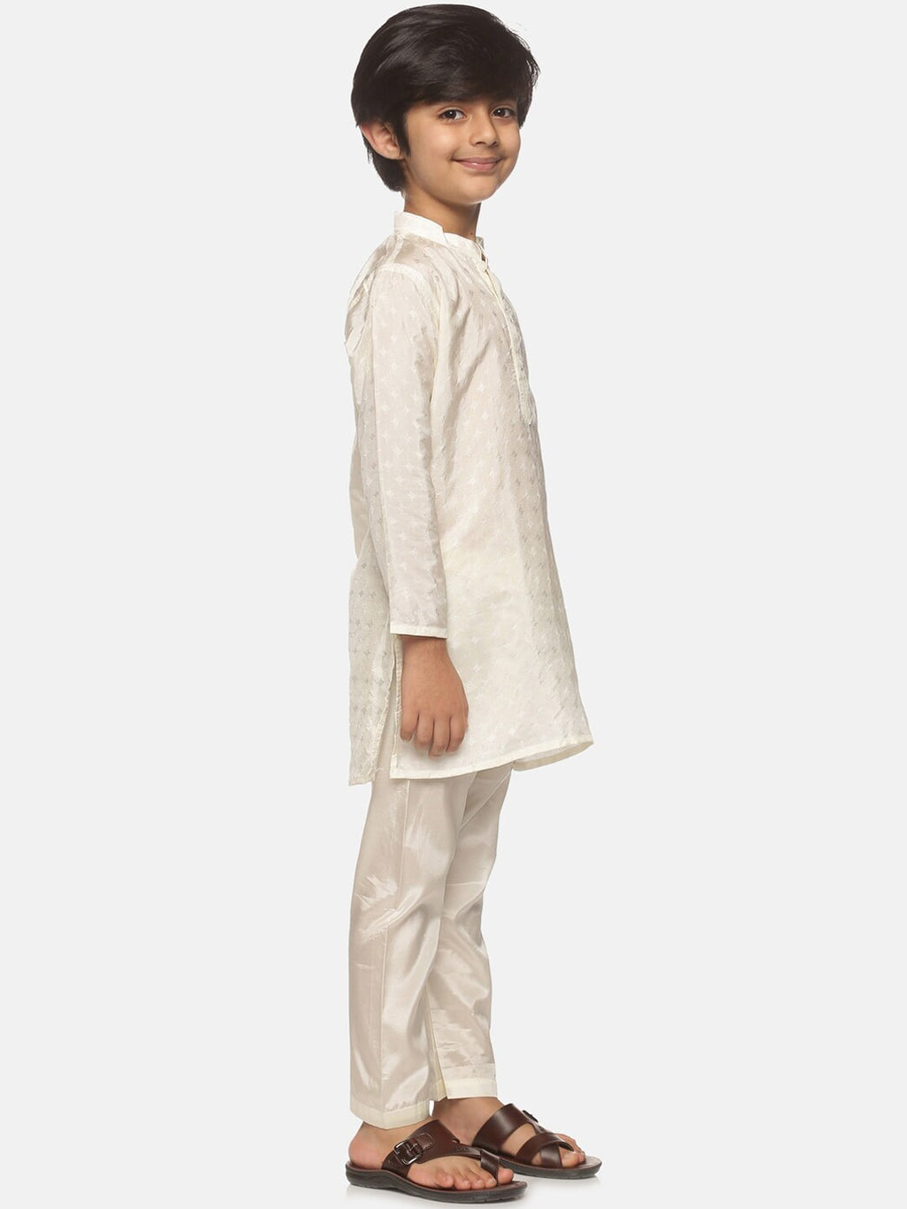 Sethukrishna Boys Cream-Coloured Printed Kurta with Pyjamas