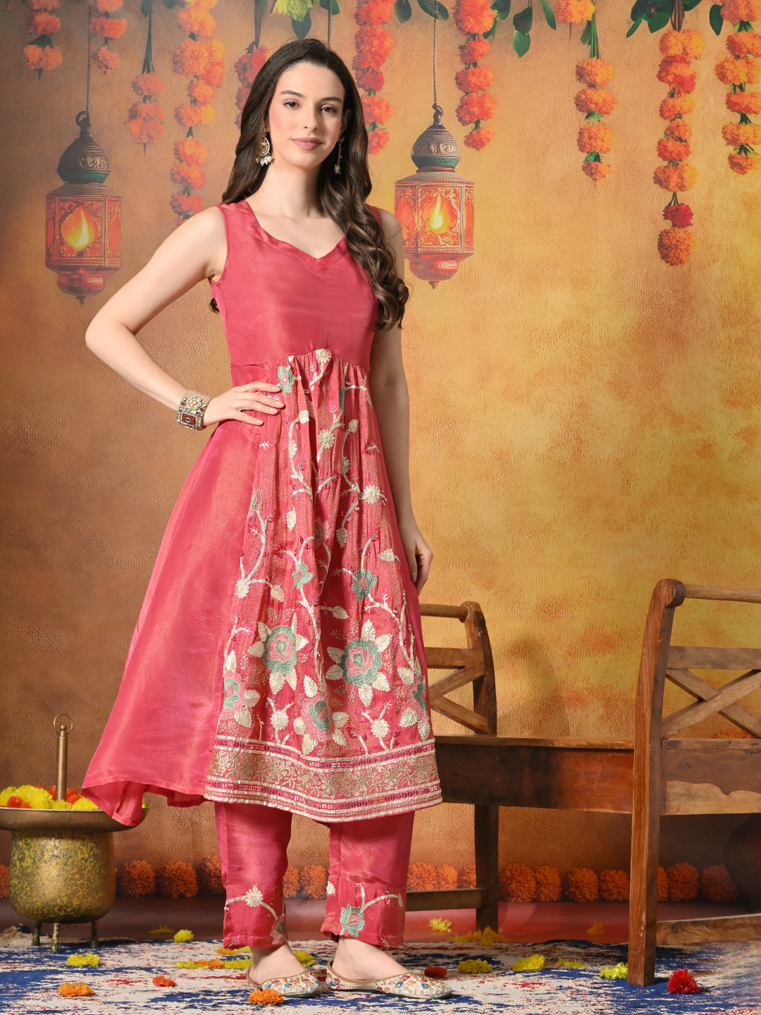 Myshka Women Pink Embroidered Sleeveless Kurta Set with Dupatta Festive Wear