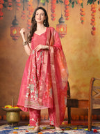 Myshka Women Pink Embroidered Sleeveless Kurta Set with Dupatta Festive Wear