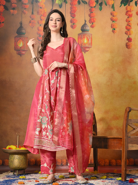 Myshka Women Pink Embroidered Sleeveless Kurta Set with Dupatta Festive Wear