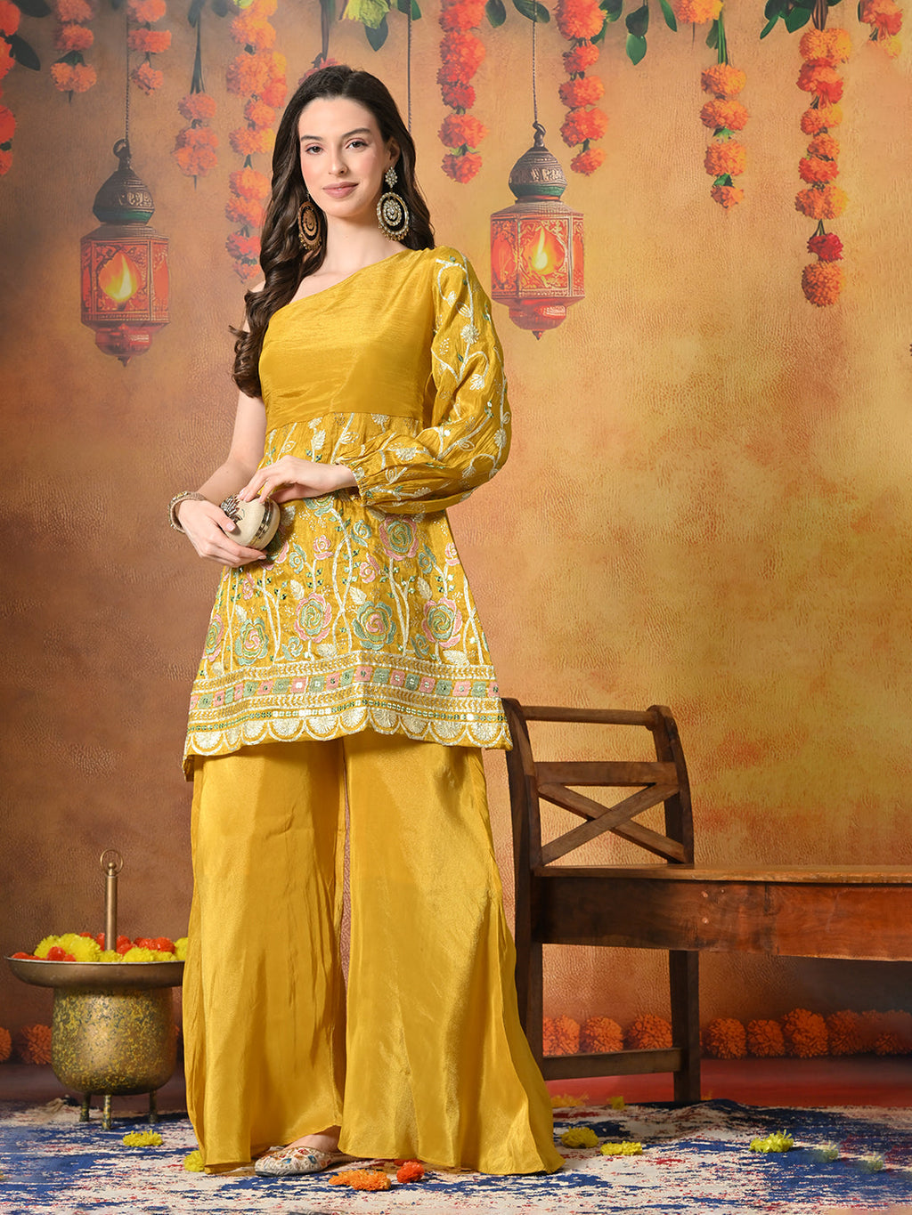 Myshka Women Yellow Embroidered Off Shoulder Kurta Set Festive Wear - Distacart