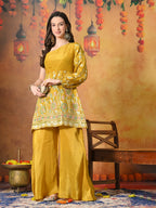 Myshka Women Yellow Embroidered Off Shoulder Kurta Set Festive Wear - Distacart