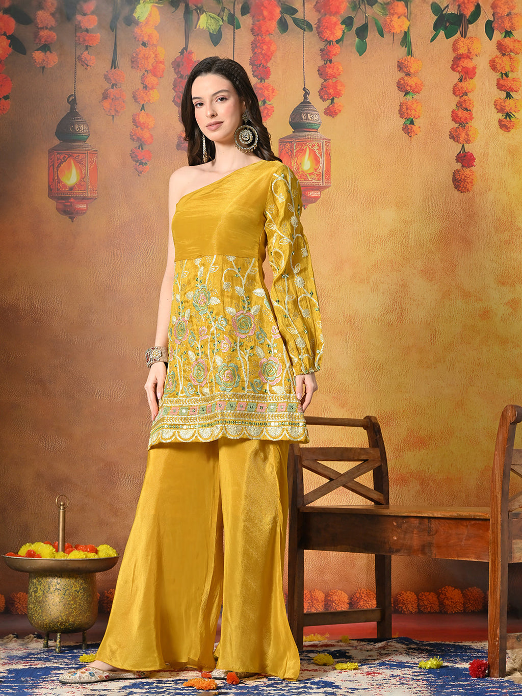 Myshka Women Yellow Embroidered Off Shoulder Kurta Set Festive Wear - Distacart