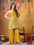 Myshka Women Yellow Embroidered Off Shoulder Kurta Set Festive Wear - Distacart