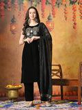 Myshka Women Black Velvet Embroidered Yoke Sleeveless Kurta Set with Dupatta - Distacart
