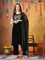Myshka Women Black Velvet Embroidered Yoke Sleeveless Kurta Set with Dupatta - Distacart