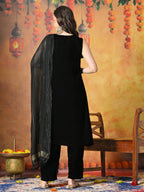 Myshka Women Black Velvet Embroidered Yoke Sleeveless Kurta Set with Dupatta - Distacart