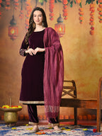 Myshka Women Wine Velvet Embroidered Regular Sleeves Kurta Set with Dupatta - Distacart