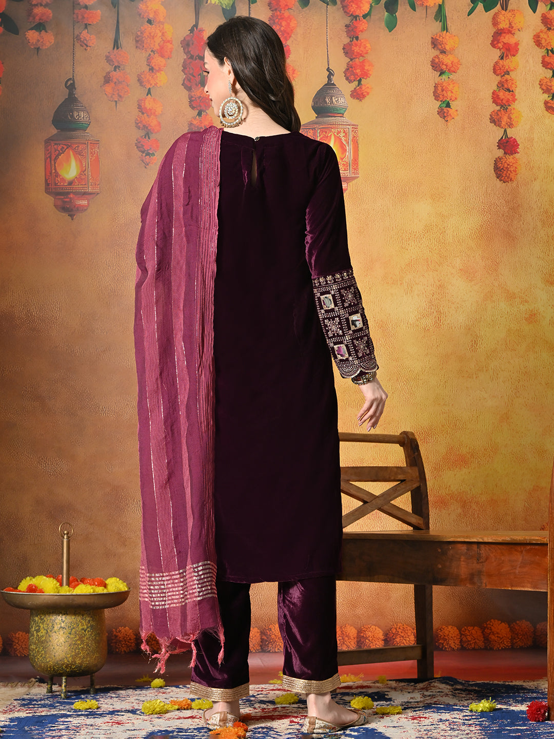 Myshka Women Wine Velvet Embroidered Regular Sleeves Kurta Set with Dupatta - Distacart