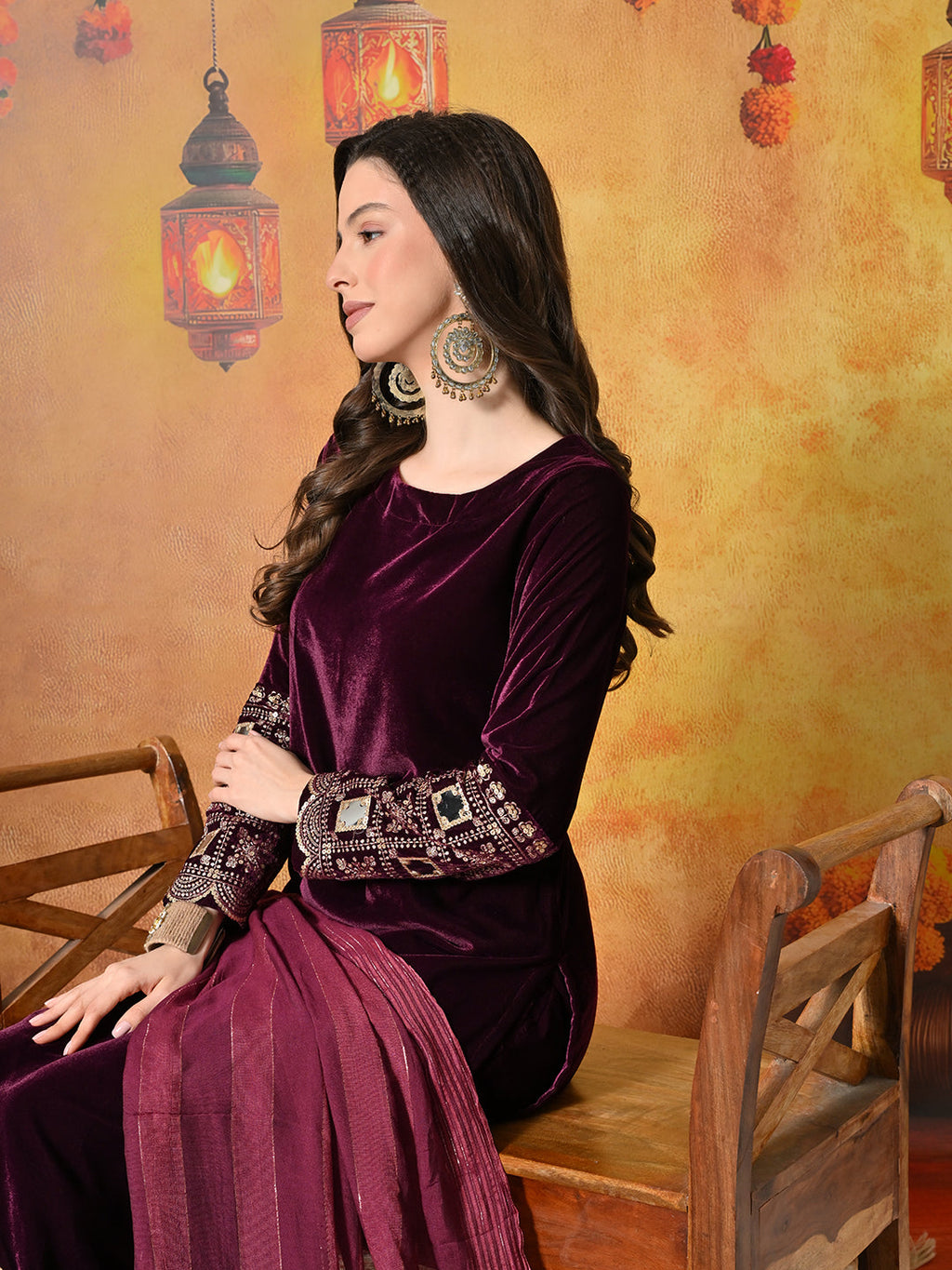 Myshka Women Wine Velvet Embroidered Regular Sleeves Kurta Set with Dupatta - Distacart