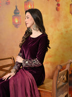 Myshka Women Wine Velvet Embroidered Regular Sleeves Kurta Set with Dupatta - Distacart