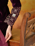 Myshka Women Wine Velvet Embroidered Regular Sleeves Kurta Set with Dupatta - Distacart