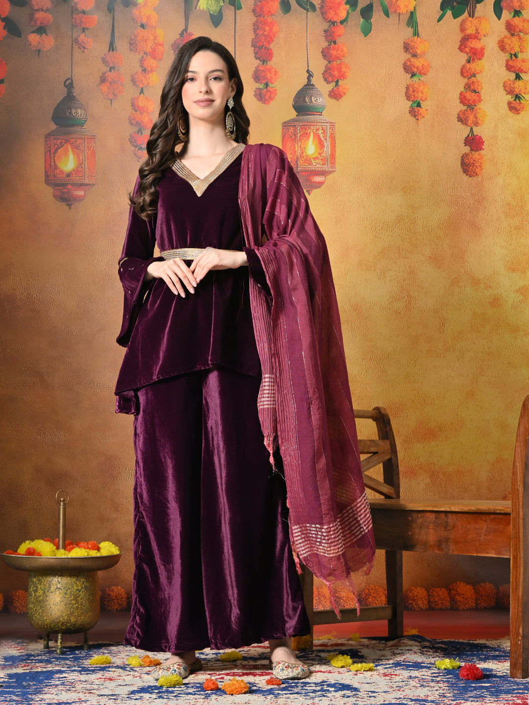 Myshka Women Wine Velvet Flared Sleeves Kurta Set with Dupatta - Distacart