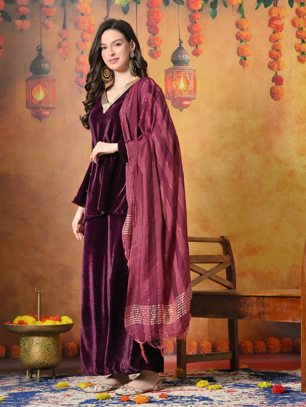 Myshka Women Wine Velvet Flared Sleeves Kurta Set with Dupatta - Distacart