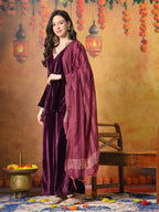Myshka Women Wine Velvet Flared Sleeves Kurta Set with Dupatta - Distacart