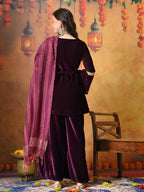 Myshka Women Wine Velvet Flared Sleeves Kurta Set with Dupatta - Distacart