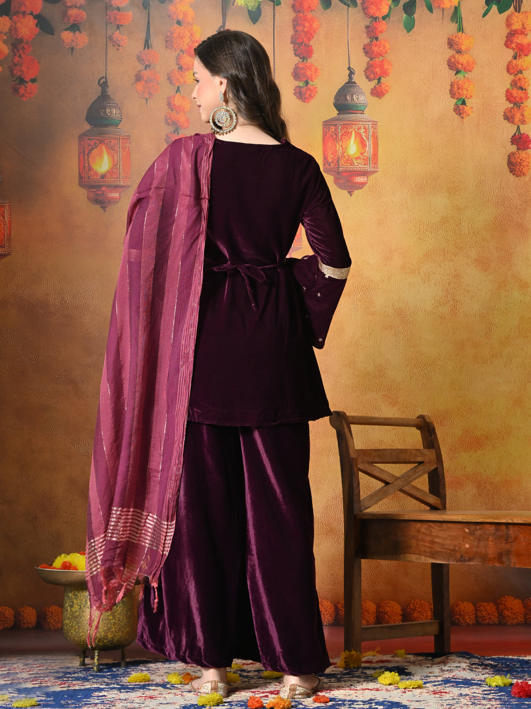 Myshka Women Wine Velvet Flared Sleeves Kurta Set with Dupatta - Distacart