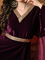 Myshka Women Wine Velvet Flared Sleeves Kurta Set with Dupatta - Distacart