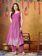 Myshka Women Wine Pure Cotton Embroidered Sleeveless Kurta Set Festive Wear - Distacart