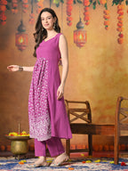 Myshka Women Wine Pure Cotton Embroidered Sleeveless Kurta Set Festive Wear - Distacart